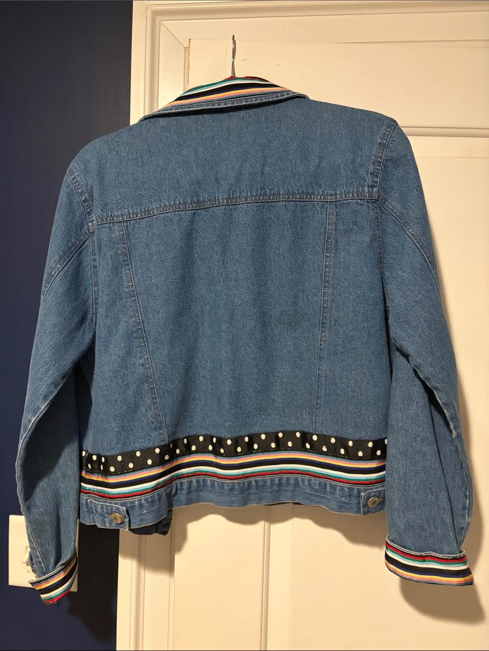 Liza Byrd Blue Denim Jacket with Multicolor Striped Trim